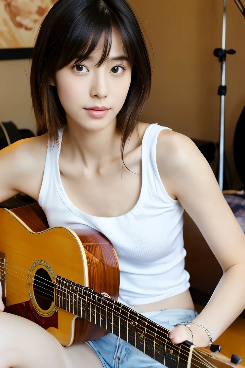 Portraiture, 8k, high quality, Realistic Photographic Images, Age 25, Studio for living alone、Playing guitar、Sit on the bed、Japanese women, clear,sexy, Wearing a white sleeveless top,Natural and realistic eyes, Japanese Stand, Waiting for someone, beautiful黒髪, beautiful lighting, Golden ratio composition, , , beautiful,