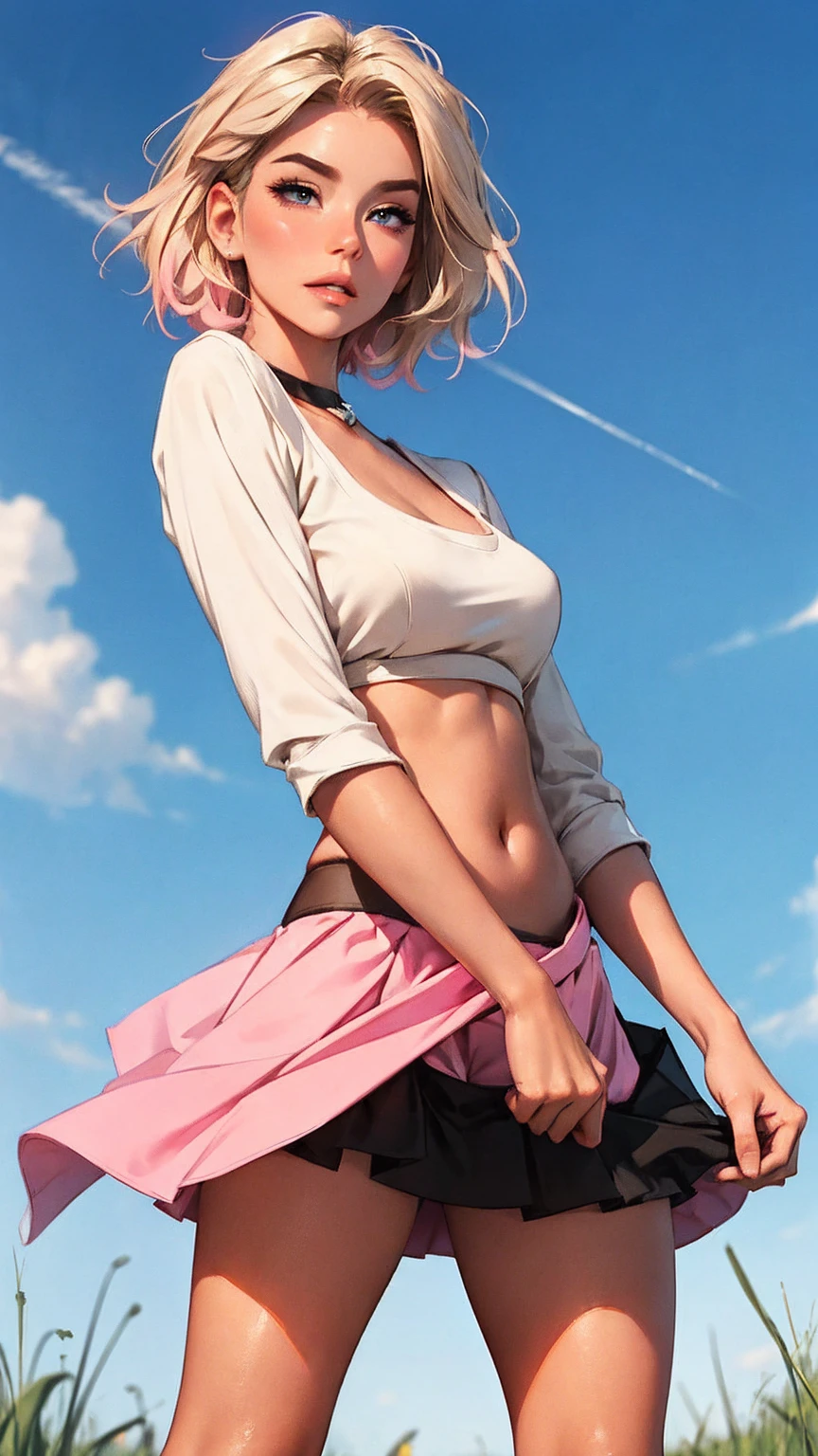 Highest Quality, ​masterpiece, beautifully detailed eyes,, short Blonde Hair, Gradient Hair, pink highlights in hair, large breasts, standing, makeup, glossy lips, full lips, (natural lighting), grass, small top, light smile, midriff, collarbone, thigh highs, miniskirt, cleavage