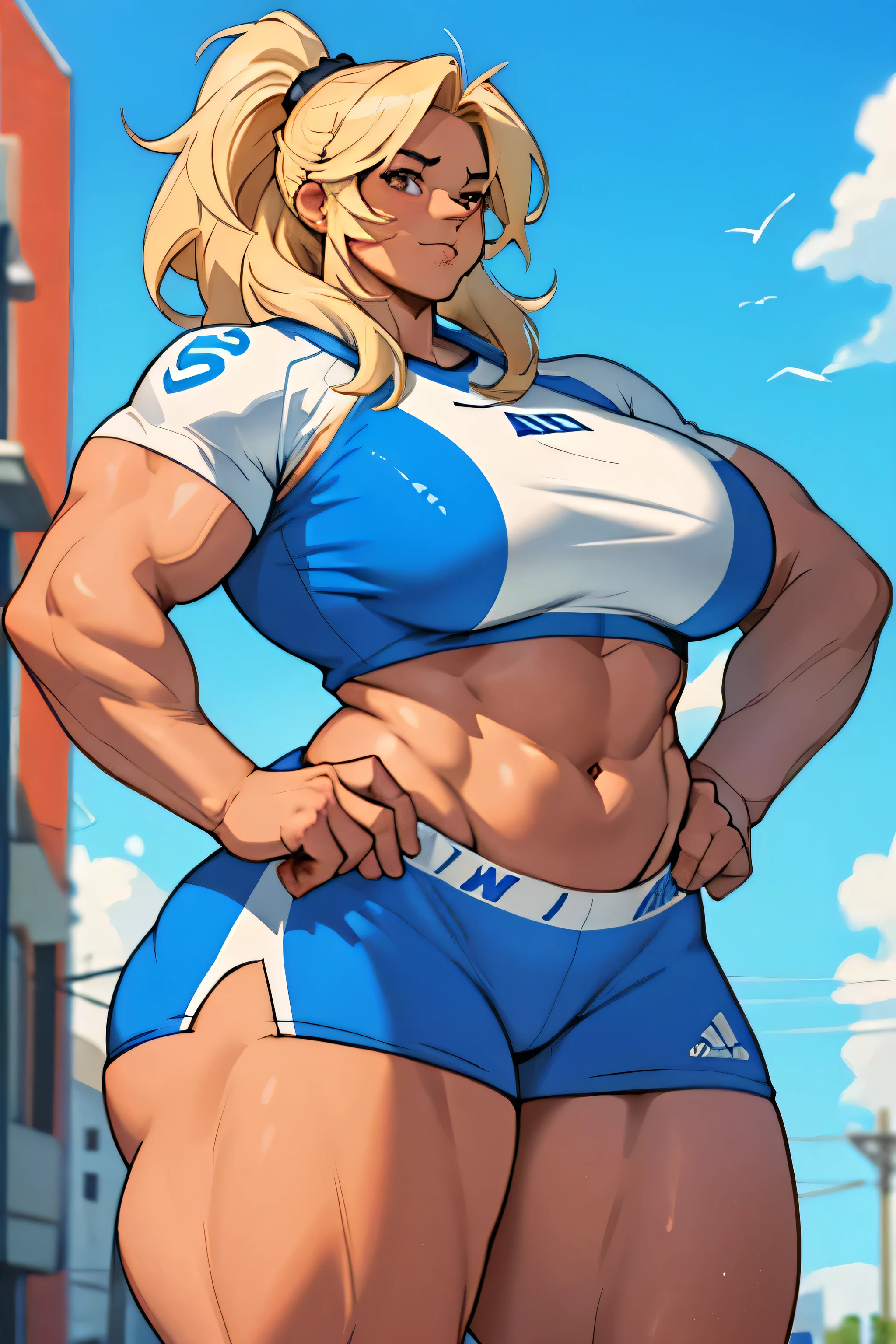 Mujer vaca musculosa, piel blanca, con pechos gigantes enormes grandes grandes grandes grandes, con muslos masivos fornidos musculosos grueso grueso grueso grande grande grande, con ropa deportiva apretada, de pie, en la ciudad
