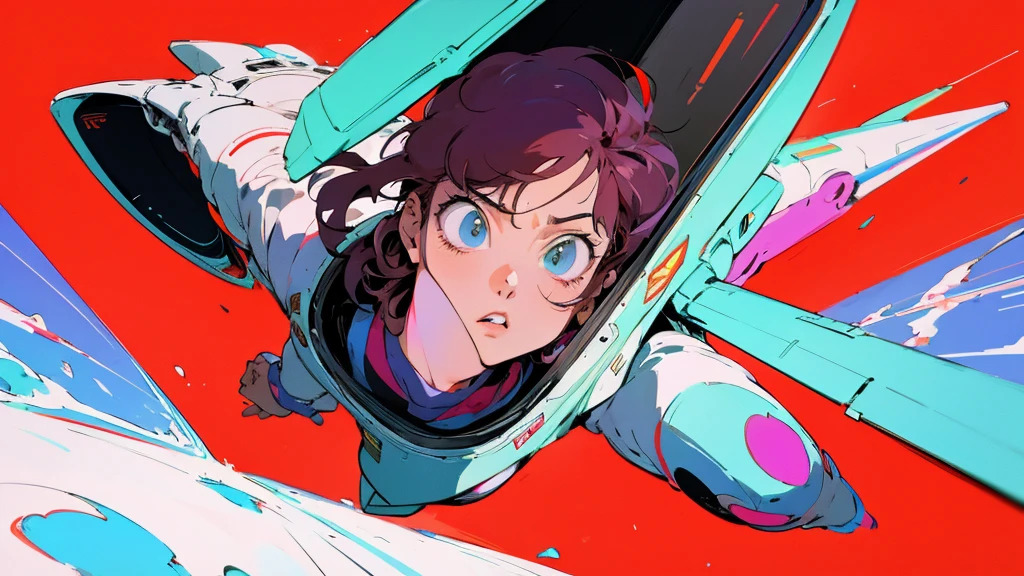 Cartoon character wearing a space suit flying a plane, Portrait anime astronaut girl, Pilot Girl, cute Pilot Girl, lo-fi girl, Akira art style, macross style, Akira-style illustration, style of akira motion movie, M Cross, Akira Vibe, Inspired by Josan Gonzalez, Lofi Art, Admire the art style, 80s anime art style