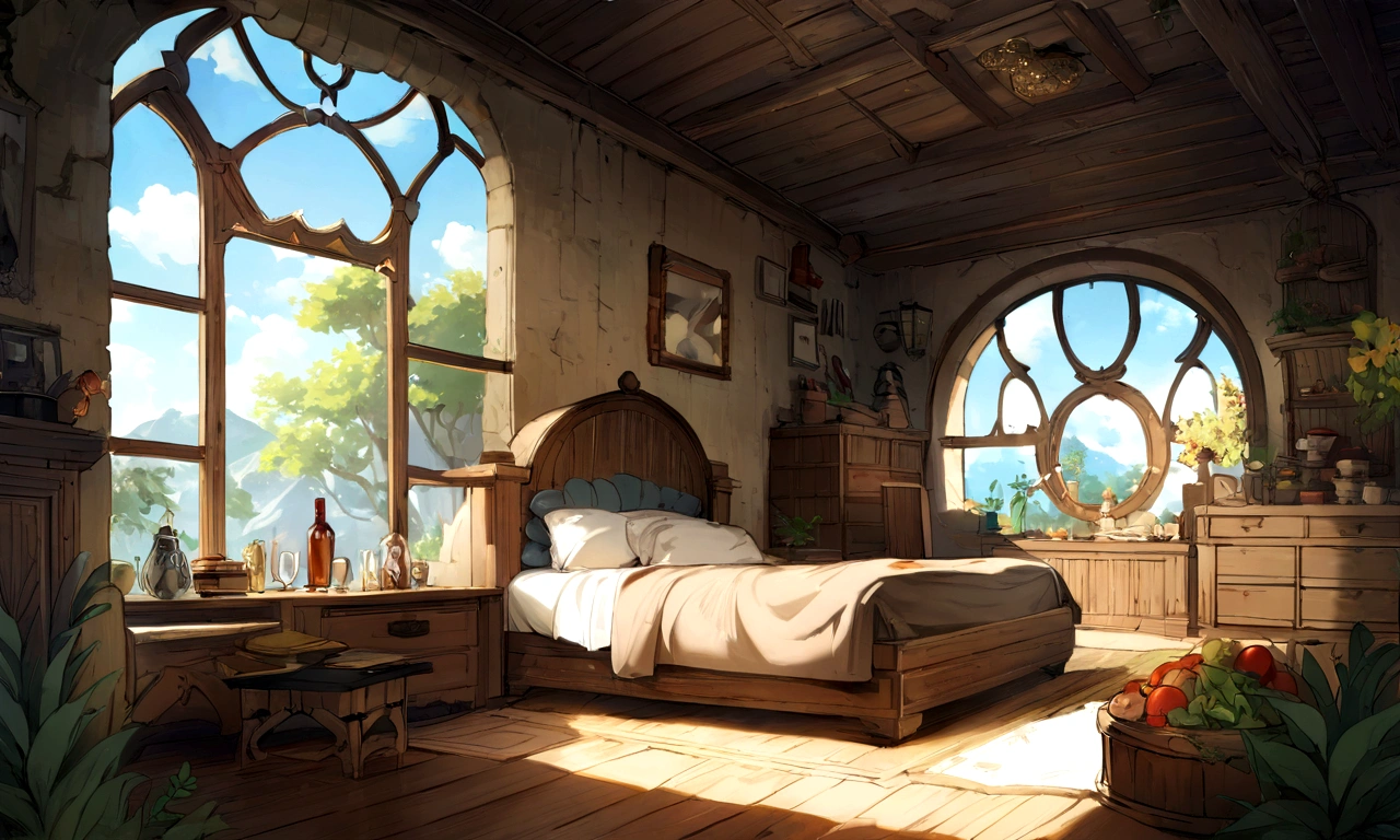 ((((masterpiece, Highest quality, High resolution)))), High detail, manga,anime,Illustration Style,Use of bright colors,The color scheme is reminiscent of daytime scenes from Ghibli Studios.., The fantasy world of medieval Europe,bedroom, Sophisticated interior,There are lots of big beds lined up,Sunlight is shining through the window、Large space,No humans, RPG-like scenery, Wine and delicious food on the bedside table., The sky is bright blue、Fluffy white clouds floating, And the sun is shining brightly, Creates a magical and comfortable atmosphere, Bright daytime atmosphere.