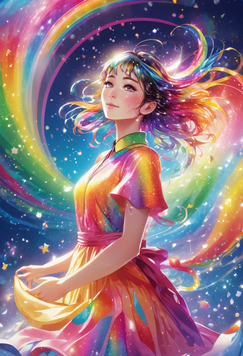 The image features a stylized anime-style woman in a colorful dress with a rainbow background, surrounded by sparkling droplets and a flowing, rainbow-colored aura.