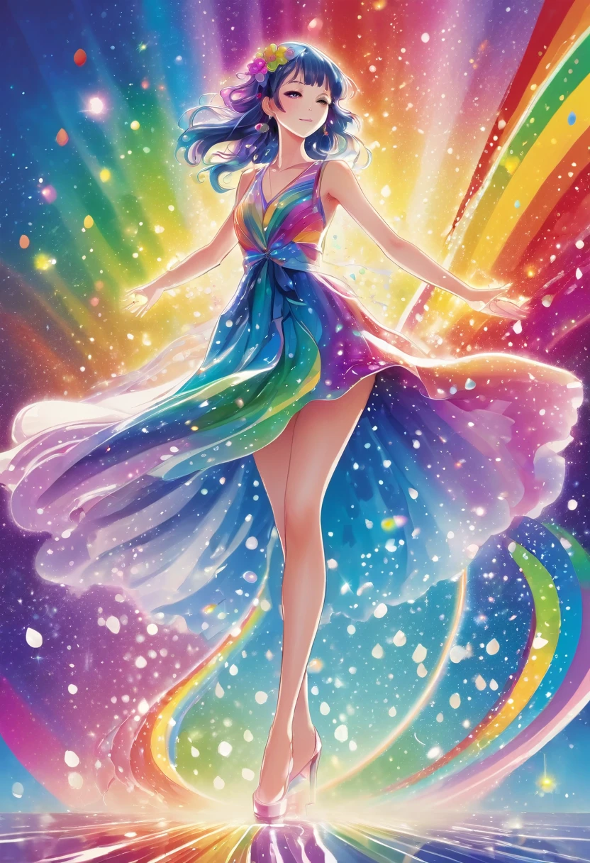  The image features a stylized anime-style woman in a colorful dress with a rainbow background, surrounded by sparkling droplets and a flowing, rainbow-colored aura.