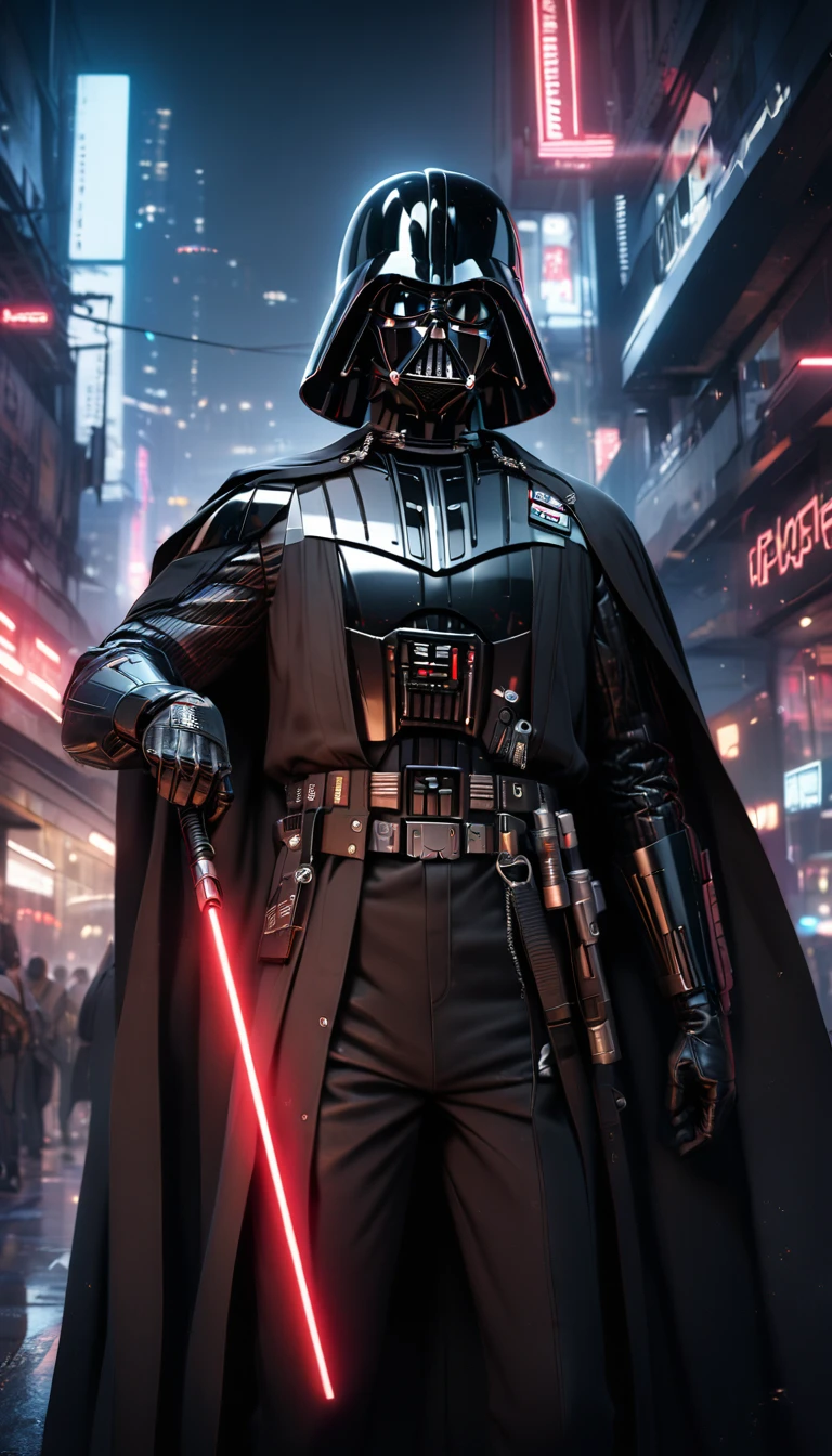 1boy,darth vader ,solo, Cyberpunk Style, (neon:1.2),masterpiece, intricate, highly detailed, majestic, digital photography, hdr, detailed cyberpunk background,bold eclectic styles, punk elements , holographic prints, metallic accents, man in Black_outfit,hood, hood_up, darth vader helmet,(cape:1.2),armor, shoulder armor, (denim:1.2), star wars, (night time),futuristic city,city street with neon signs and buildings on both sides of it at night time, holding  red light saber, broken arm, ,(photo, studio lighting, hard light, sony a7, 50 mm, matte skin, pores, colors, hyperdetailed, hyperrealistic),