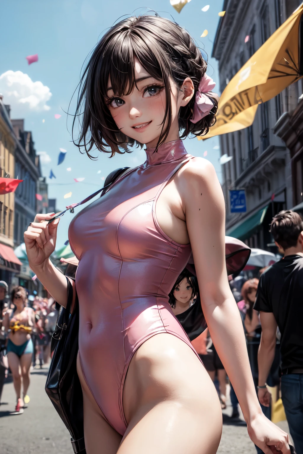 very cute and beautiful girl,(highly detailed beautiful face),(pink leotard:1.2),(sleeveless),(smile:1.2),happy,
festival in town street,(parade:1.2),(many people wearing pastel costume),flags,confetti in sky,outdoors,depth of field,
cowboy shot,standing,dynamic pose,black hair,hair band,
(best quality,masterpiece),absurdres,highres,ultra-detailed,extremely detailed,32k,8k resolution,
intricate details,cinematic scene,detailed background,solo,dynamic angle,hair fluttering in the wind,