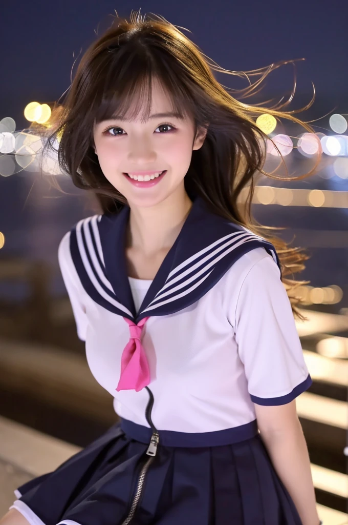 Image resolution 8K、masterpiece:1.3)、cute、1 girl、(魅力的なBody Type:1.2)、abdomen:1.1、Dark brown hairstyle:1.1、(Body Type:1.2)、Ultra-detailed face、Attractive lips、double eyelid、Ultra-realistic and detailed Japanese school girl in a white short-sleeved zippered sailor suit and pink skirt、日本人のcute女の子、10th Generation、 (16 years old)、Night view and large fireworks in the background、Breast Size: 82cm、Smiling with a nice smile、color々Hair style、Hair blowing in the wind、