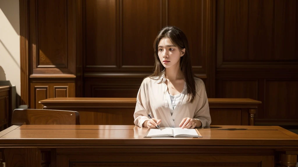 (Best Quality,4K,8k,High resolution,masterpiece:1.2),Ultra-detailed,(Realist,fotorRealist,fotorRealist:1.37),In the courtroom,Nobody is here,Angle from the gallery,anxiety、fear、indoor