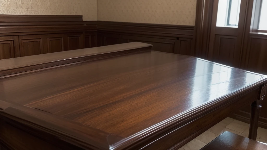 (Best Quality,4K,8k,High resolution,masterpiece:1.2),Ultra-detailed,(Realist,fotorRealist,fotorRealist:1.37),In the courtroom,Nobody is here,Angle from the gallery,anxiety、fear、indoor