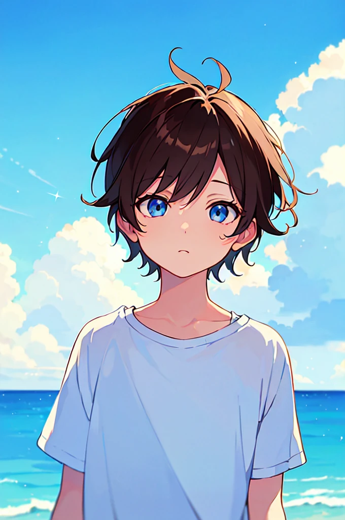 [(SKY BACKGROUND:1.5),::5], (((masterpiece))), high quality, very_high_resolution, large_filesize, full color, Solo, (1  boy), 13 oldrt brown hair), vivid color, Blue eye, summer clothes, upper body, anime style