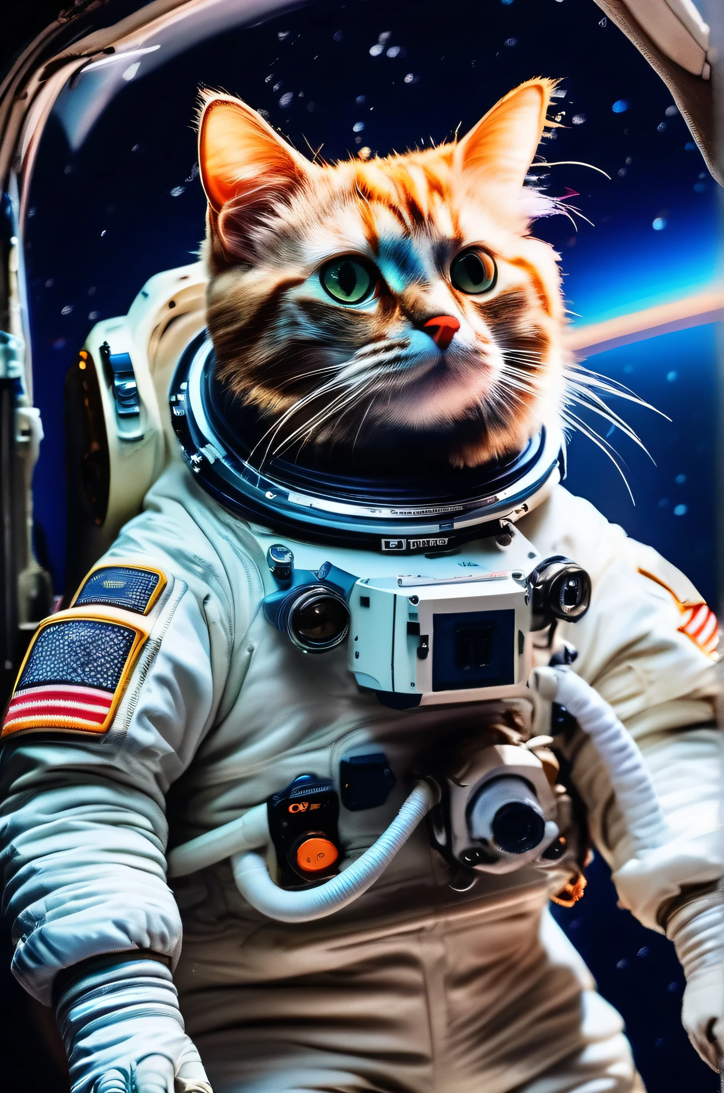 RAW Photos, delicate, Highest quality,Hyper Detail, In detail, 8k, 32k, masterpiece,(Ultra-high resolution:1.2),Cat in a space suit、The breath is depicted in white.、It's snowing、Take a helmet、The mission to the moon is ready, In the snowy forest、Cloudy Trees々and crunchy, cold,Hide in burrows and tree holes,Rim Light