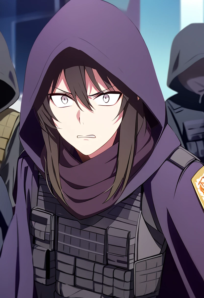 Anime male, black messy hair, white eyes, black hood, black long scarf, black cloak, tactical vest, black pants, black shirt, serious face expression, (best quality), Tactical outfit, one person, cool