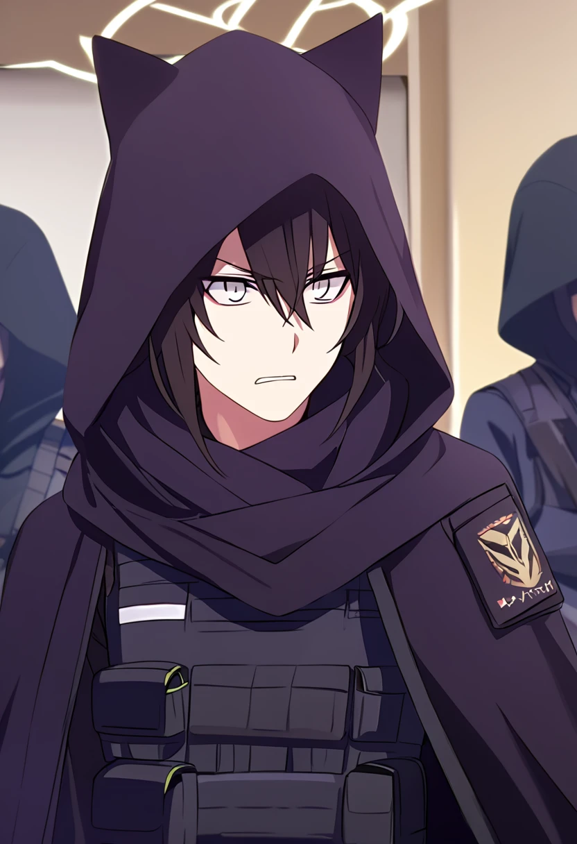 Anime male, black messy hair, white eyes, black hood, black long scarf, black cloak, tactical vest, black pants, black shirt, serious face expression, (best quality), Tactical outfit, one person, cool