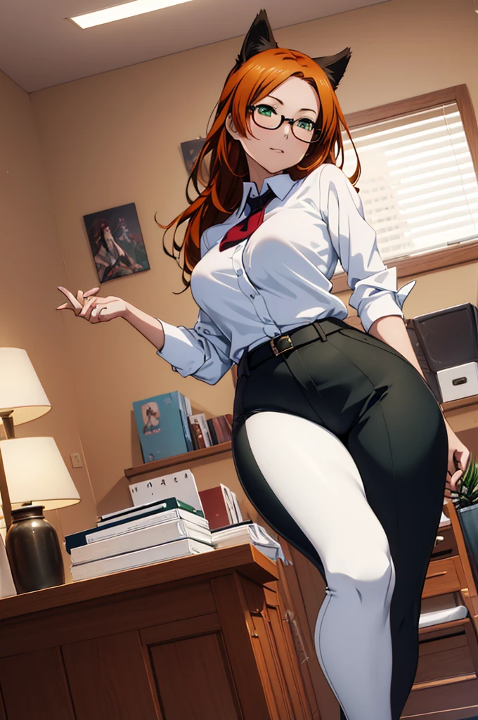 (masterpiece, Best quality), 8K, ultra detailed, realistic photo, Detailed face, perfect lighting, green eyes, bright orange hair, bright hair, fox ears, nice legs, side photo, beautiful, Cute, skin pores, 1 girl, perfect shirt, fully dressed, beautiful women 30 years old, milf, Beautiful proportions, Russian woman, Caucasian, European, Business lady, stunningly beautiful woman, mother, thick legs, show ass, big breasts, (Thin white shirt:1.4), thick, hot, (White Office Wear:1.4), tight pants, (wide hips:1.2), thick, (white Office pants:1.3), spread your legs, Legs open, full length, wide hips, Glasses, with long orange hair, standing on the beach near the ocean, green eyes detailed digital anime art, anime girl with long hair, гладкое аниме cg art, anime girl with long hair, digital anime art, work in Guweiz style, Beautiful anime portrait, Photorealistic render of an anime girl, pantyhose, Beautiful anime girl, advanced digital anime art, guweiz на artstation pixiv HD UHD HQ