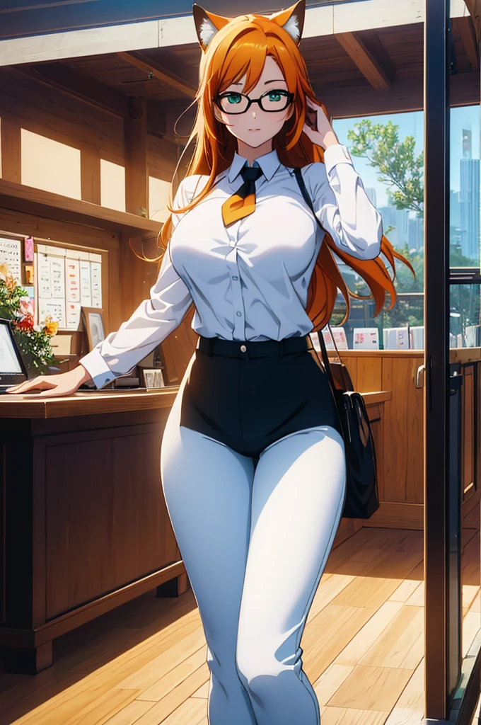 (masterpiece, Best quality), 8K, ultra detailed, realistic photo, Detailed face, perfect lighting, green eyes, bright orange hair, bright hair, fox ears, nice legs, side photo, beautiful, Cute, skin pores, 1 girl, perfect shirt, fully dressed, beautiful women 30 years old, Beautiful proportions, Russian woman, Caucasian, European, Business lady, stunningly beautiful woman, mother, thick legs, show ass, big breasts, (Thin white shirt:1.4), thick, hot, (White Office Wear:1.4), tight pants, (wide hips:1.2), thick, (white Office pants:1.3), spread your legs, Legs open, full length, wide hips, Glasses, with long orange hair, standing on the beach near the ocean, green eyes detailed digital anime art, cat ear, anime girl with long hair, гладкое аниме cg art, anime girl with long hair, digital anime art, work in Guweiz style, Beautiful anime portrait, Photorealistic render of an anime girl, pantyhose, Beautiful anime girl, advanced digital anime art, guweiz на artstation pixiv HD UHD HQ