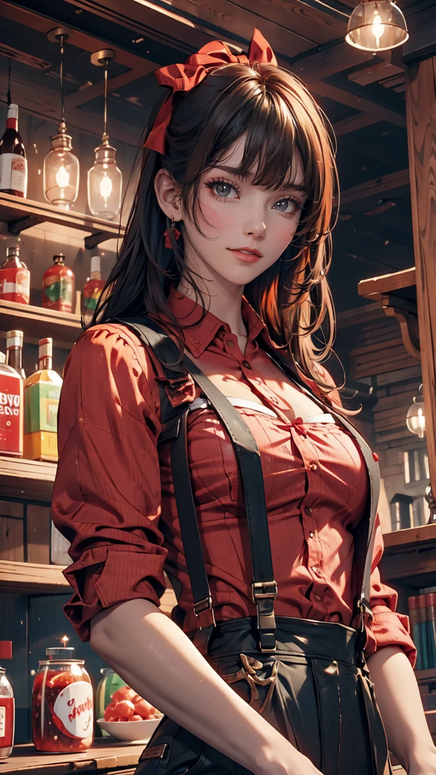 Highest quality, Candy, masterpiece, One girl, alone, Small breasts, Cowboy Shot, suspenders, Red Shirt, Black Ribbon