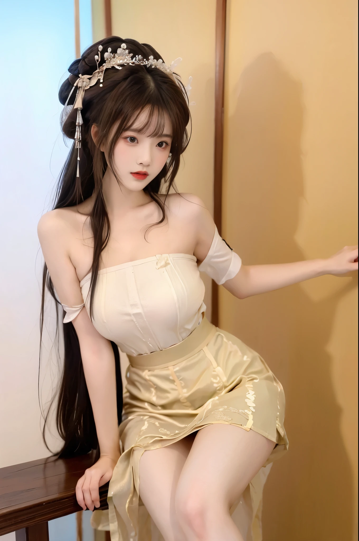 Beauty, beautiful女人，Have a perfect body：1.4，Layered Hairstyle，((Big breasts)), ((D cup)), Visible cleavage，Bare shoulders, Highly detailed face and skin texture，Double eyelids，Skin Whitening，Long hair，Whitening long legs，Standing by the sea, Fashion girl, Red lips, Sweet maiden, beautiful妆容, detail, lifelike, Very detailed, amazing, beautiful, Young and energetic, high quality，High Definition, rich and colorful，Exquisite, Smooth skin, The skirt is short, Lift the skirt with your hands, Elegant and charming posture, Official Art, Extremely detailed, Movie atmosphere, Soft colors, Natural skin texture,