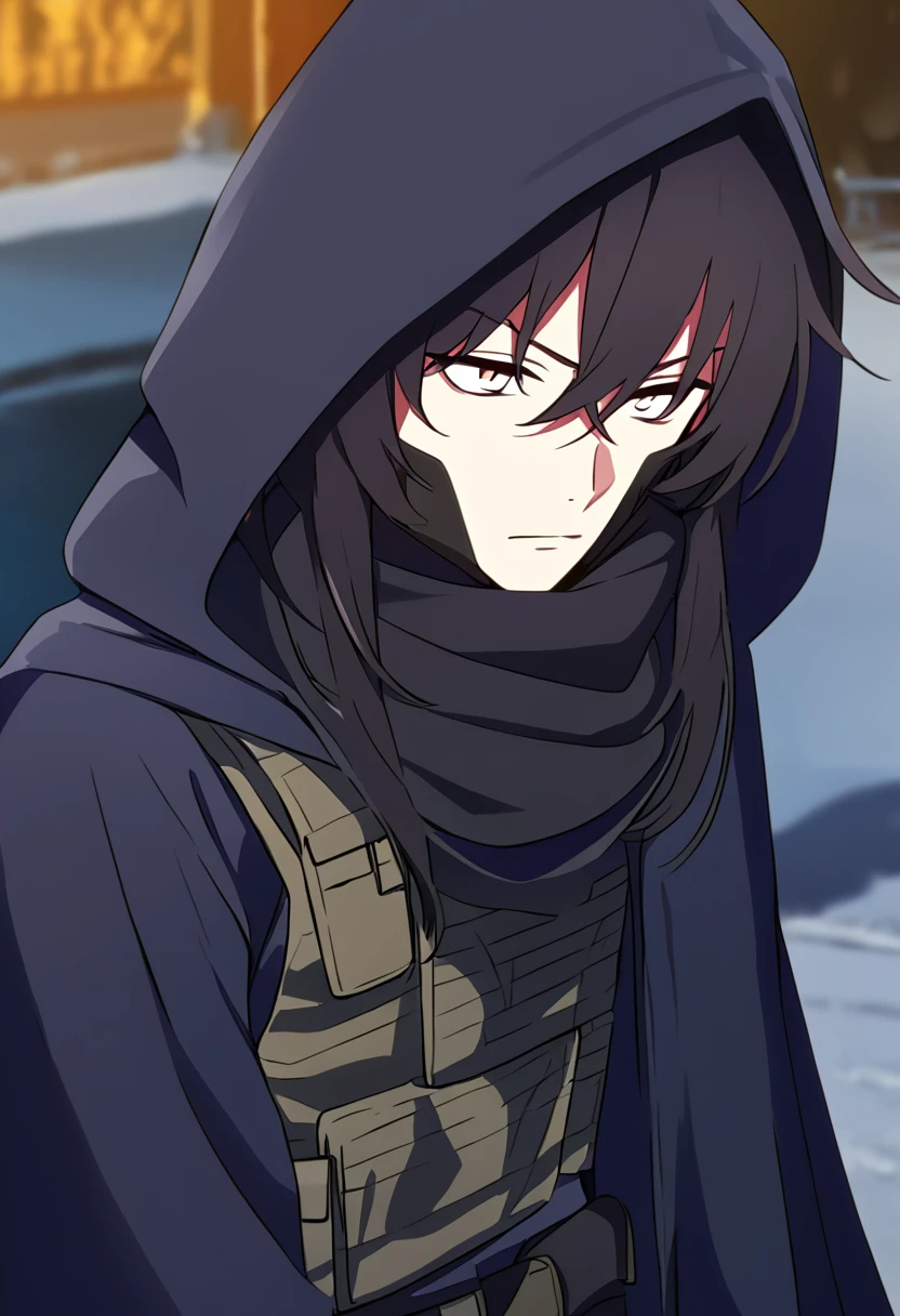 Anime male, black messy hair, white eyes, black facemask covering both mouth and nose, black hood, black long scarf, black cloak, tactical vest, black pants, black shirt, serious face expression, (best quality), Tactical outfit, one person, cool