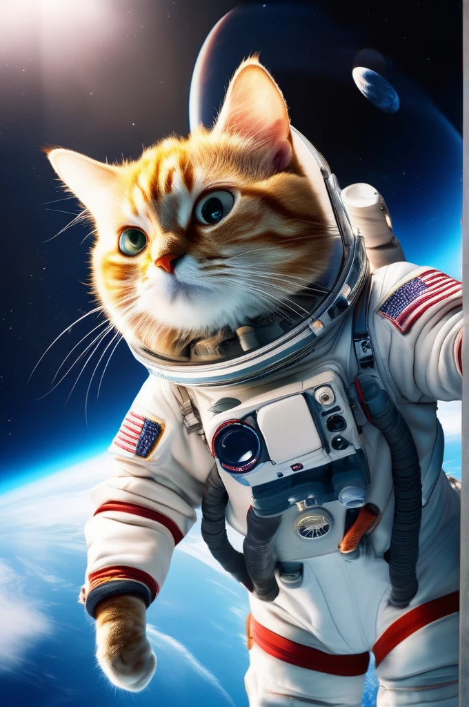 RAW Photos, delicate, Highest quality,Hyper Detail, In detail, 8k, 32k, masterpiece,(Ultra-high resolution:1.2),Cat in a space suit、The breath is depicted in white.、It's snowing、Take a helmet、The mission to the moon is ready, In the snowy forest、Cloudy Trees々and crunchy, cold,Hide in burrows and tree holes,Rim Light