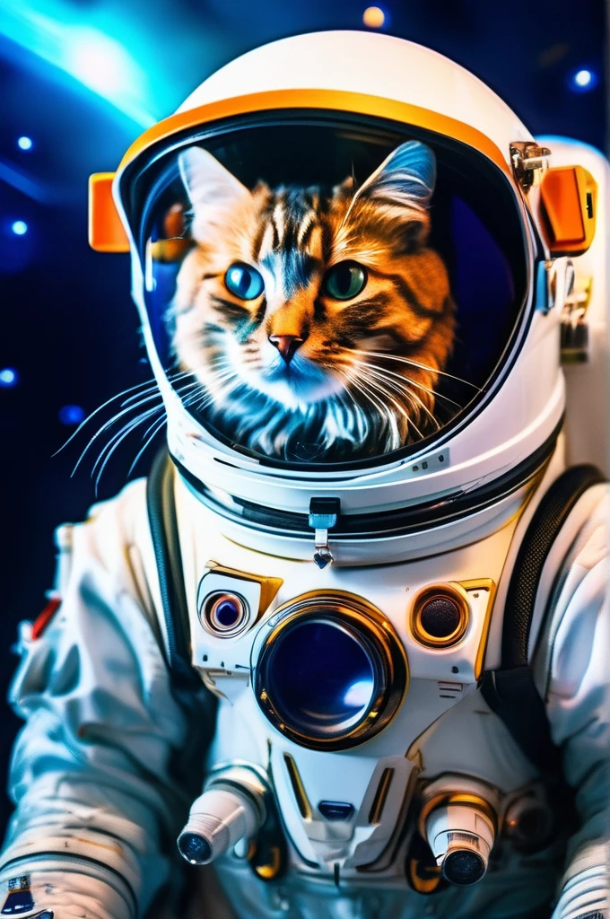 RAW Photos, delicate, Highest quality,Hyper Detail, In detail, 8k, 32k, masterpiece,(Ultra-high resolution:1.2),Cat in a space suit、The breath is depicted in white.、It's snowing、Take a helmet、The mission to the moon is ready, In the snowy forest、Cloudy Trees々and crunchy, cold,Hide in burrows and tree holes,Rim Light