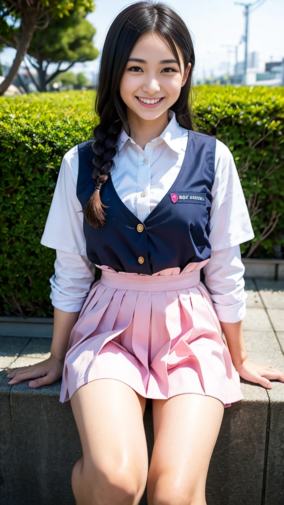 Raw photo、Ultra-realistic、Ultra detailed face、detailed lip、Detailed eyes、High school girl smiling showing her teeth、Long Hair:1.1、chest、Visible curves、Laughing with your mouth open 、Tokyo city角、 Whole body、( Slender body)、(Long Hair)、Big Breasts、Idol、(pastel colour)、18-year-old、Small face、Braid、 Tokyo city、Long beautiful legs 1.2、Curved waist、flower、uniform