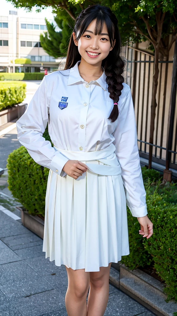Raw photo、Ultra-realistic、Ultra detailed face、detailed lip、Detailed eyes、High school girl smiling showing her teeth、Long Hair:1.1、chest、Visible curves、Laughing with your mouth open 、Tokyo city角、 Whole body、( Slender body)、(Long Hair)、Big Breasts、Idol、(pastel colour)、18-year-old、Small face、Braid、 Tokyo city、Long beautiful legs 1.2、Curved waist、flower、uniform