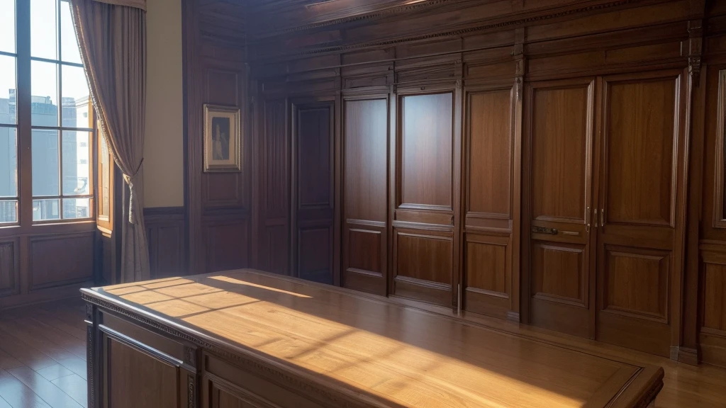 (Best Quality,4K,8k,High resolution,masterpiece:1.2),Ultra-detailed,(Realist,fotorRealist,fotorRealist:1.37),In the courtroom,Nobody is here,Angle from the gallery,anxiety、fear、indoor、There are no windows.,