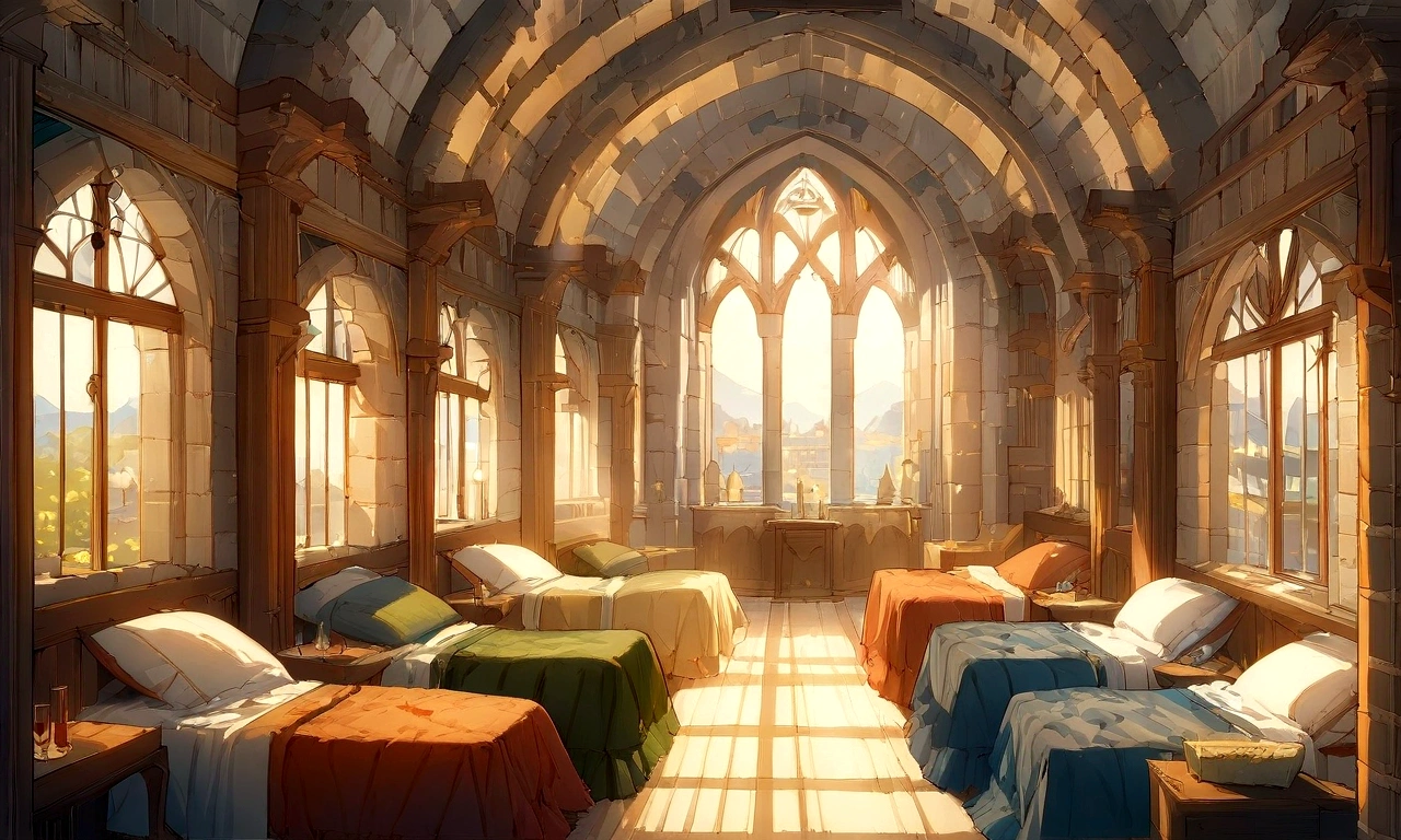 ((((masterpiece, Highest quality, High resolution)))), High detail, manga,anime,Illustration Style,Use of bright colors,The color scheme is reminiscent of daytime scenes from Ghibli Studios.., The fantasy world of medieval Europe,Bedroom in a house in the city, Sophisticated interior,There are four beds in a row,Sunlight is shining through the window、Large space,No humans, RPG-like scenery, Wine and delicious food on the bedside table., The sky is bright blue、Fluffy white clouds floating, And the sun is shining brightly, Creates a magical and comfortable atmosphere, Bright daytime atmosphere.