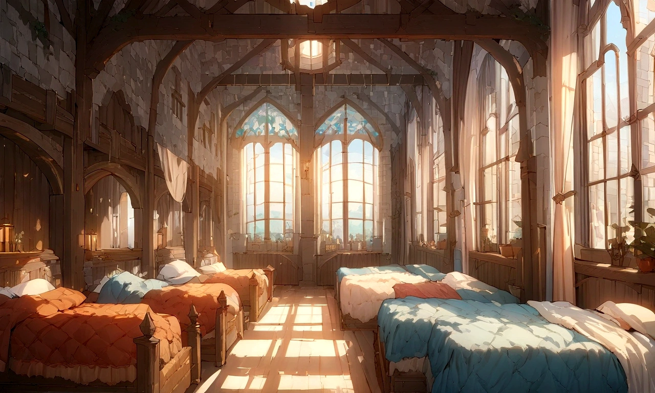 ((((masterpiece, Highest quality, High resolution)))), High detail, manga,anime,Illustration Style,Use of bright colors,The color scheme is reminiscent of daytime scenes from Ghibli Studios.., The fantasy world of medieval Europe,Bedroom in a house in the city, Sophisticated interior,There are four beds in a row,Sunlight is shining through the window、Large space,No humans, RPG-like scenery, Wine and delicious food on the bedside table., The sky is bright blue、Fluffy white clouds floating, And the sun is shining brightly, Creates a magical and comfortable atmosphere, Bright daytime atmosphere.