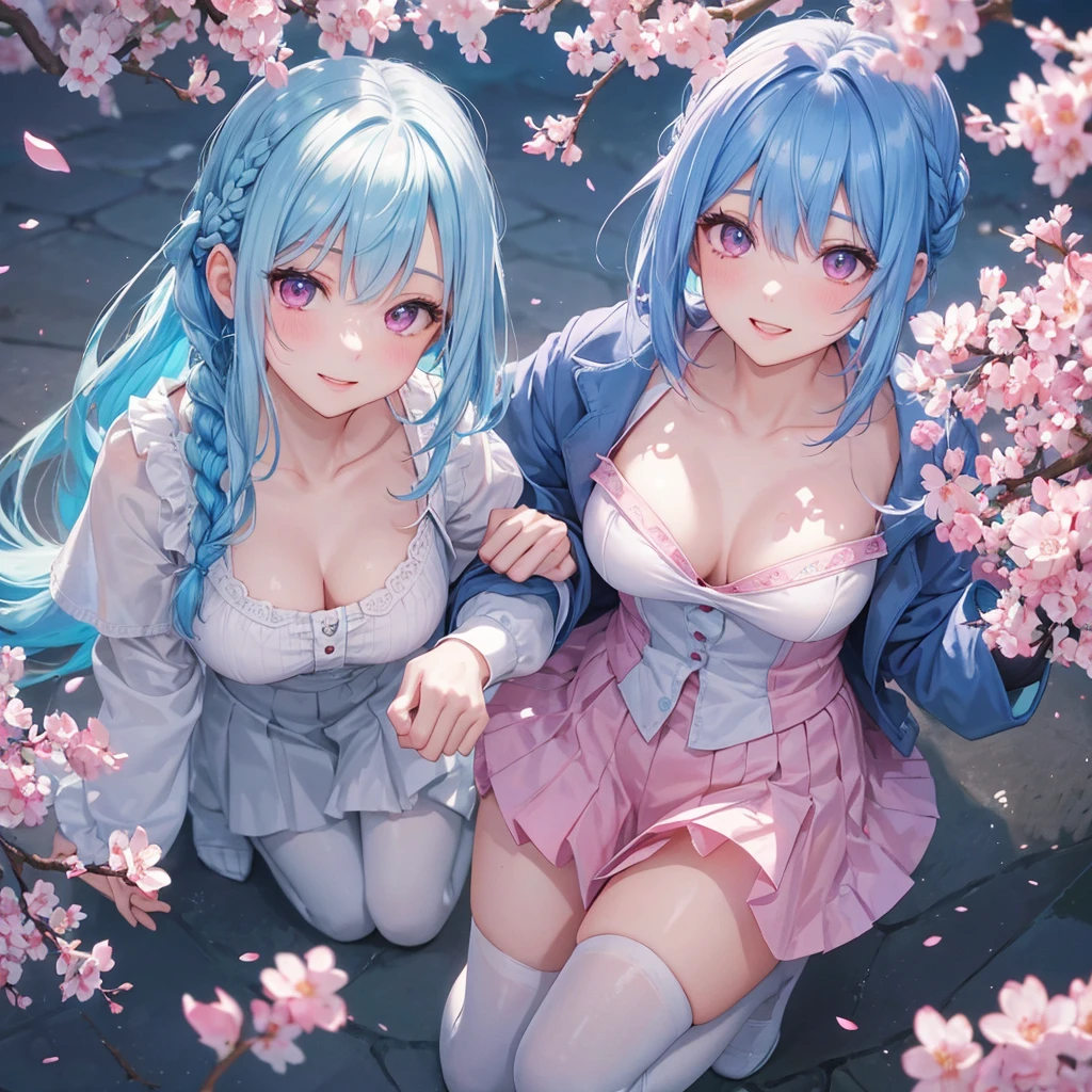 sky Blue hair, (braided ponytail),(pink eyes),fair skin ,full body,1 girl,happy smile,Spring, cherry blossoms, ,blazer, Straight Bangs,(masterpiece, best quality, ultra-detailed, best shadow), (detailed background), (beautiful detailed face), high contrast, (best illumination, an extremely delicate and beautiful), ((cinematic light)), colorful, hyper detail, dramatic light, intricate details,