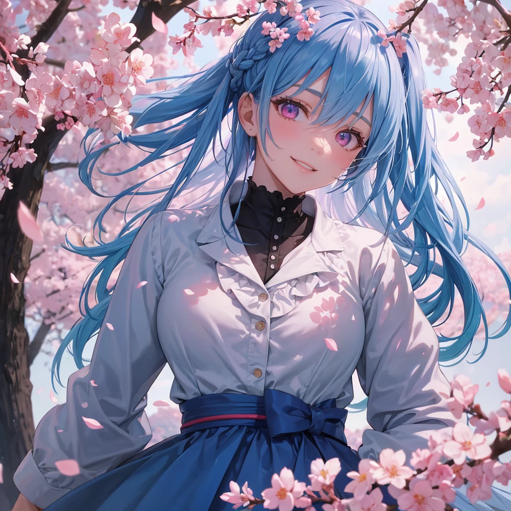 sky Blue hair, (braided ponytail),(pink eyes),fair skin ,full body,1 girl,happy smile,Spring, cherry blossoms, ,blazer, Straight Bangs,(masterpiece, best quality, ultra-detailed, best shadow), (detailed background), (beautiful detailed face), high contrast, (best illumination, an extremely delicate and beautiful), ((cinematic light)), colorful, hyper detail, dramatic light, intricate details,