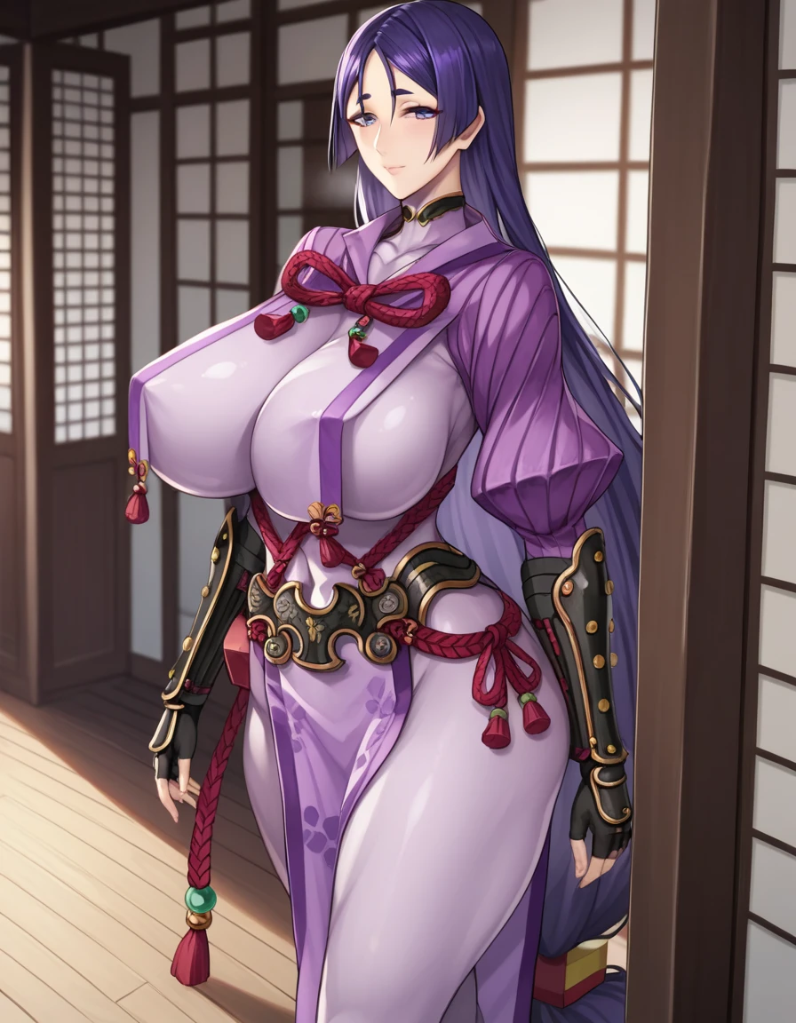 score_9, score_8_up, score_7_up, source_anime,
raikou, raikou, parted bangs, purple eyes, purple hair, long hair, hime cut, forehead, mature female,
arm guards, armor, black gloves, bodysuit, fingerless gloves, gloves, japanese armor, kote, loincloth, purple bodysuit, ribbed sleeves, tabard, toned,mother,Super huge breasts,whipped thighs,in doors,house