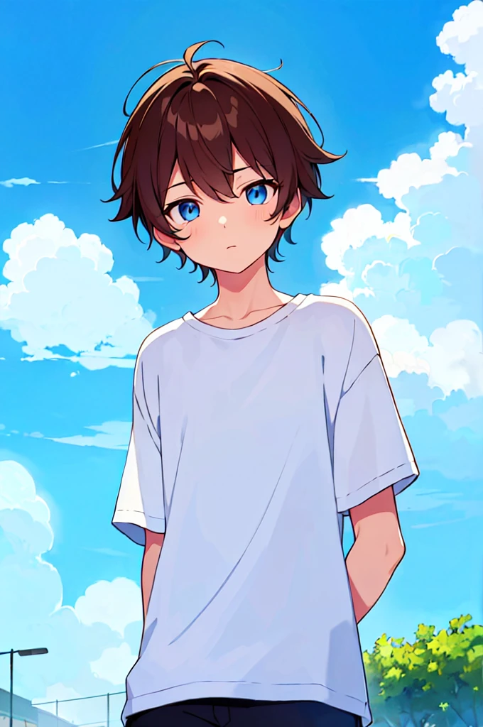 [(SKY BACKGROUND:1.5),::5], (((masterpiece))), high quality, very_high_resolution, large_filesize, full color, Solo, (1 little boy), 13 old year, (short brown hair), vivid color, Blue eye, summer clothes, upper body, anime style