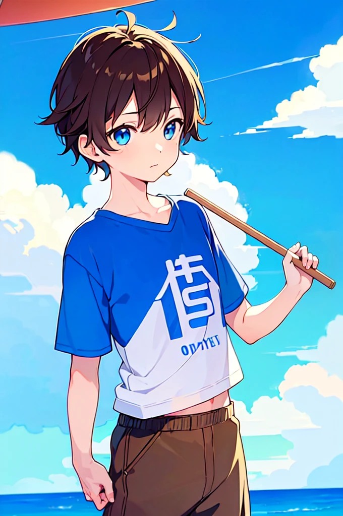 [(SKY BACKGROUND:1.5),::5], (((masterpiece))), high quality, very_high_resolution, large_filesize, full color, Solo, (1 little boy), 13 old year, (short brown hair), vivid color, Blue eye, summer clothes, upper body, anime style