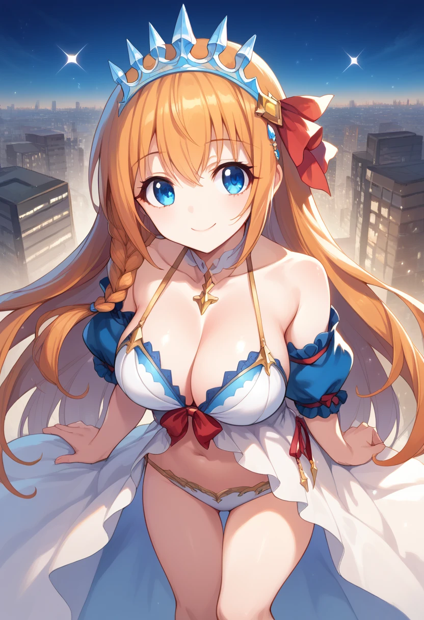 anime style, high view, pecorine, mature female, blue eyes, big chest, bikini, hair ornament, long hair, orange hair, tiara, braid, hair braid, standing, smile, hand back body, city, future city theme, Volumetric light, Volumetric particles,