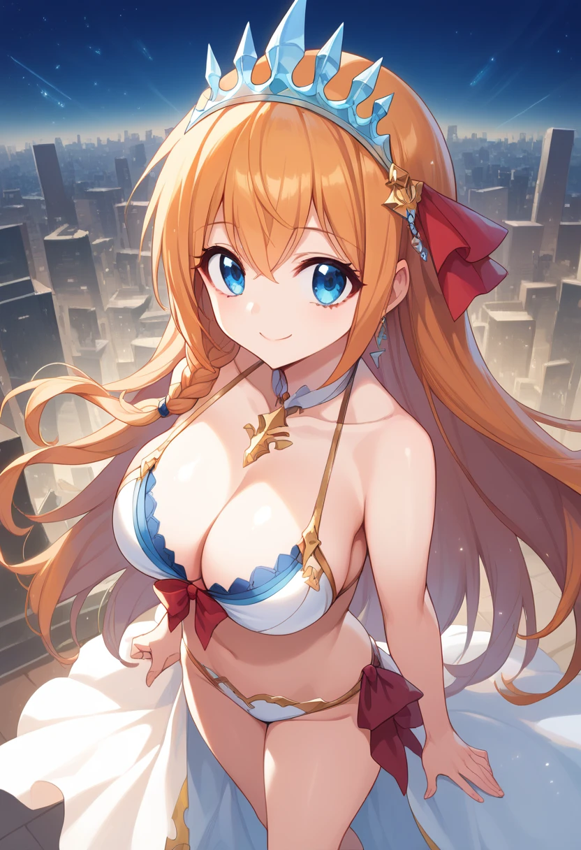 anime style, high view, pecorine, mature female, blue eyes, big chest, bikini, hair ornament, long hair, orange hair, tiara, braid, hair braid, standing, smile, hand back body, city, future city theme, Volumetric light, Volumetric particles,