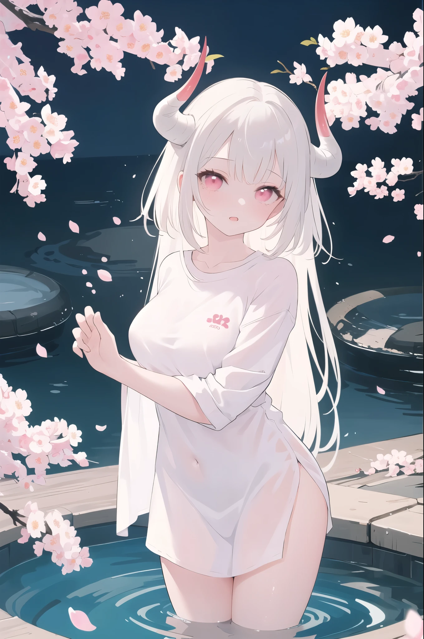 (masterpiece, best quality), 1girl, white hair, long hair, pink eyes, blossom, in hot springs, blossom, shirt, in the , naked, facing backwards, two horn, tatto yakuza,