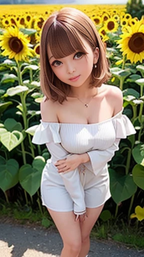 (Off-the-shoulder Korean clothing)、1 girl、Bob Hair、Brown Hair、Big Breasts、Bare legs are showing、In the sunflower field、Are standing、Detailed Background、Accurate Face、Accurate Face、Anatomically correct body、(Raw photo、masterpiece、Highest quality、8k)、