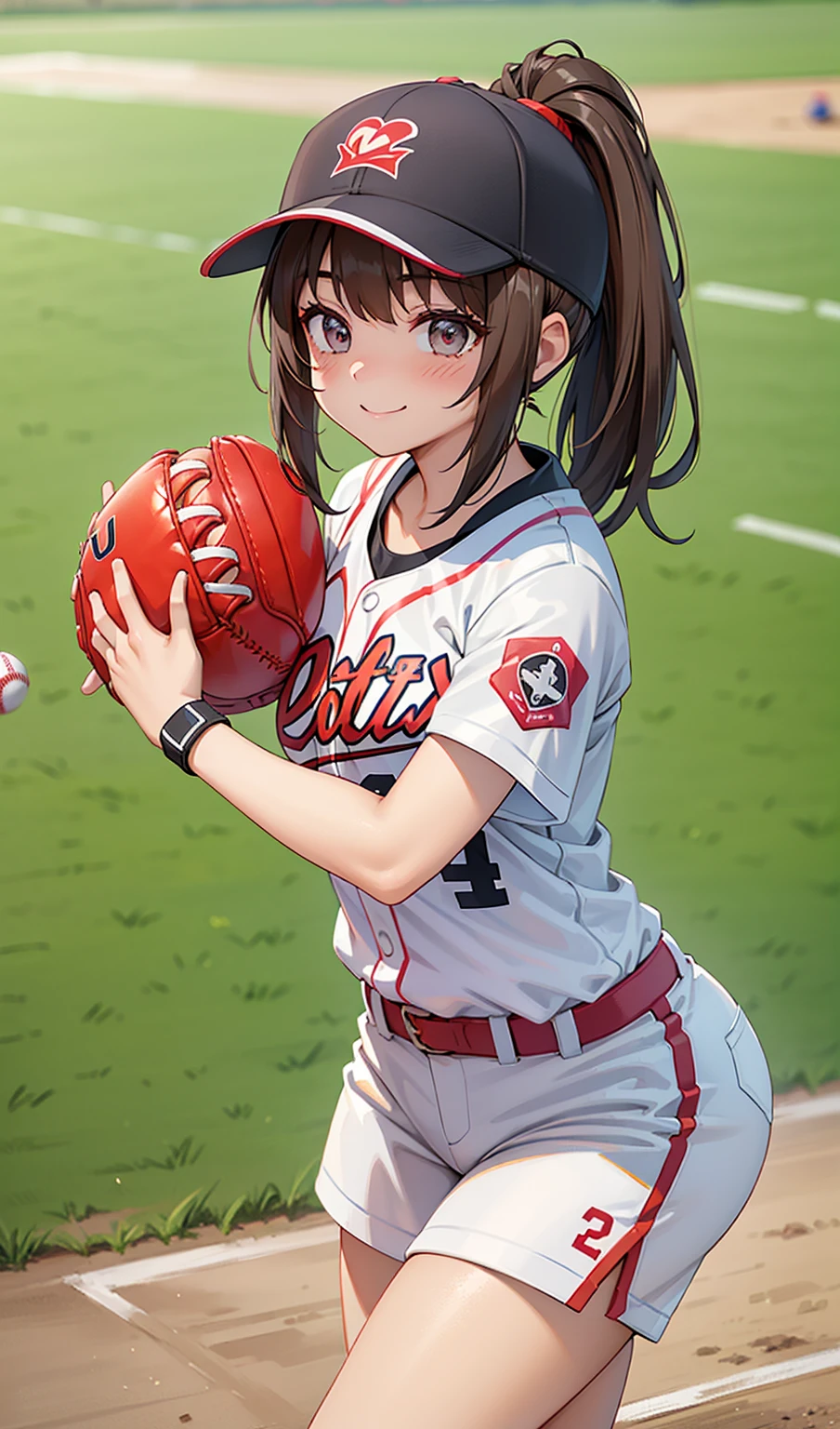 woman。(Softball competition)。smile、Dark Brown Hair、(Softball Ground)。(Women&#39;s softball uniforms:1.2)、Softball competition場。(Women&#39;s Softball Uniforms)。competition、Perfect hands、Facing the audience