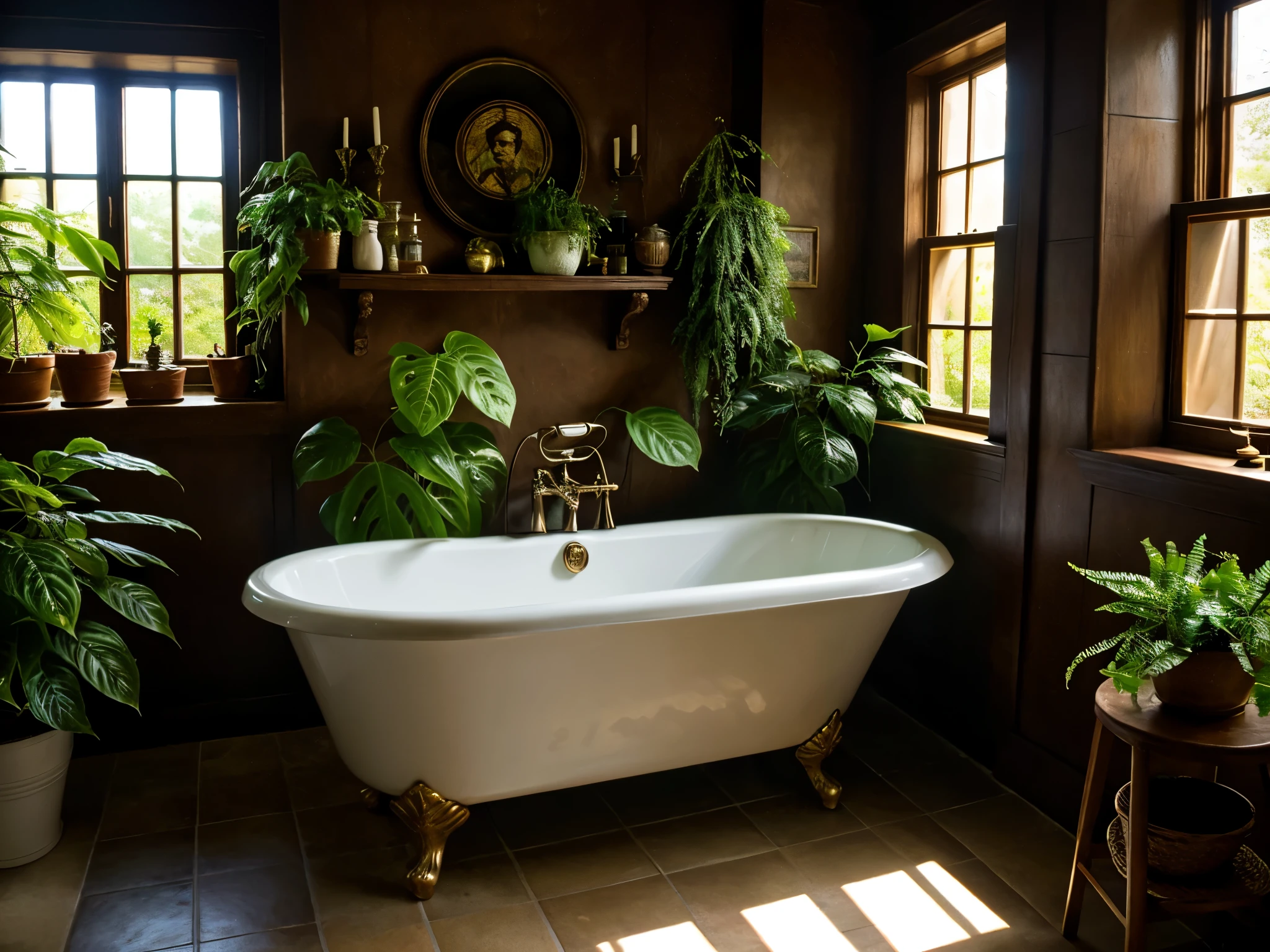 masterpiece, 4k, slightly dim light, harry potter, with some magical decorations, bathroom, 1 bathtub, sunlight and warmer color with plants