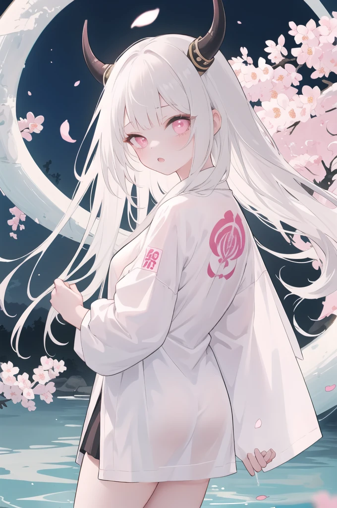 (masterpiece, best quality), 1girl, white hair, long hair, pink eyes, blossom, in hot springs, blossom, shirt, in the , naked, facing backwards, two horn, tatto yakuza,
