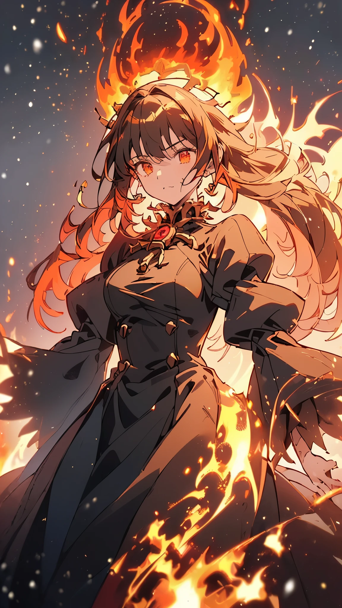((((Highly detailed 1fig]], 1girl, fiery, standing, lead,,, ((singular spotlight:0.9)))), (mechanical body: 0.8, ((detailed gears, red sparks))), (cenozoic red hands:1), pale skin, ((detailed orange/brown flame effects))), (buns of steel), ((ultra-high definition flames: 0.9,  ((heat distortion))), ((nighttime, firelit, darkness ambient)), medium breasts, ((startled)), (wide shot), facing viewer, (((outdoors, mountain, snow pathology))), 25 years old, ((towering flames)), ((subjugation of flames)), ((focused blaze)))