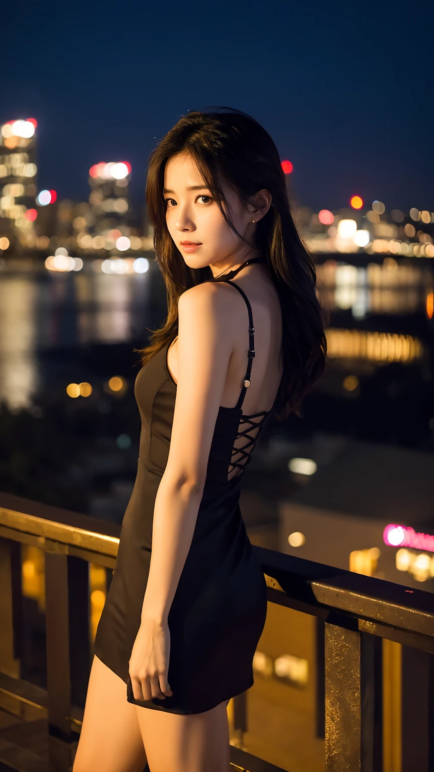 Standing at the top of a tall chimney、night、night景、Spectacular views、City、masterpiece,best quality,ultra detailed,highres,high-resolution,4k,realistic,RAW photo,((real person)),portrait photography,photorealistic,detailed skin,(delicate black eyes ), A soothing woman with sagging eyes,Calm and calm, middle hair,skinny,clothing,The wind is blowing,tareme、Wide-hemmed dress