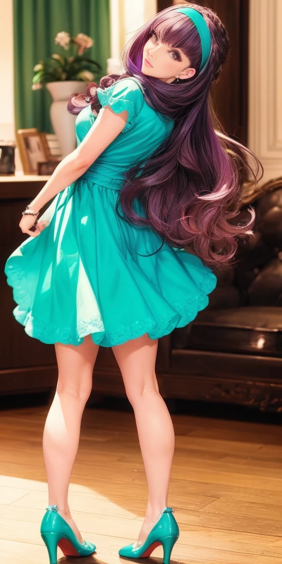 shot from behind of a woman similar to Daphne, en un cuarto lleva puesto un vestido morado brillante hasta la rodilla, con mangas largas y abullonadas. The neck is wide and decorated with a dark green scarf. Mis medias son de color violeta a juego con el vestido, and I wear light blue high-heeled shoes.
My long brown hair is styled in loose waves and held back by a bright green headband.. My eyes are highlighted with vibrant blue eyeshadow and I'm wearing false eyelashes to give them an extra touch of glamour.. No puedo olvidar mencionar el collar grande y llamativo que complementa mi look.closeup from behind, ((showing the ass))