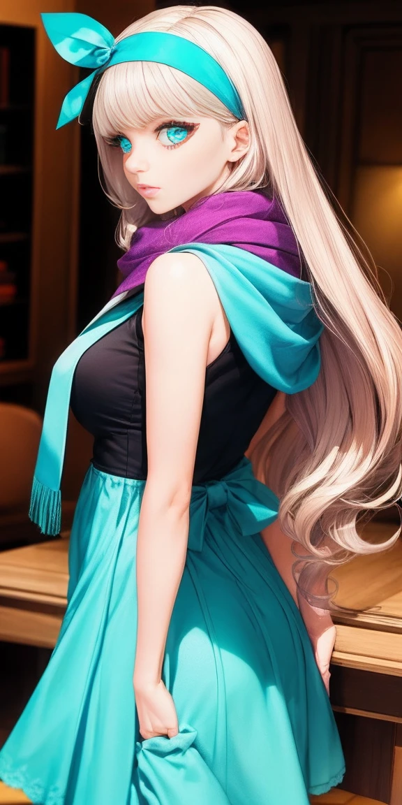 shot from behind of a woman similar to Daphne, en un cuarto lleva puesto un vestido morado brillante hasta la rodilla, con mangas largas y abullonadas. The neck is wide and decorated with a dark green scarf. Mis medias son de color violeta a juego con el vestido, and I wear light blue high-heeled shoes.
My long brown hair is styled in loose waves and held back by a bright green headband.. My eyes are highlighted with vibrant blue eyeshadow and I'm wearing false eyelashes to give them an extra touch of glamour.. No puedo olvidar mencionar el collar grande y llamativo que complementa mi look.closeup from behind, ((showing the ass))