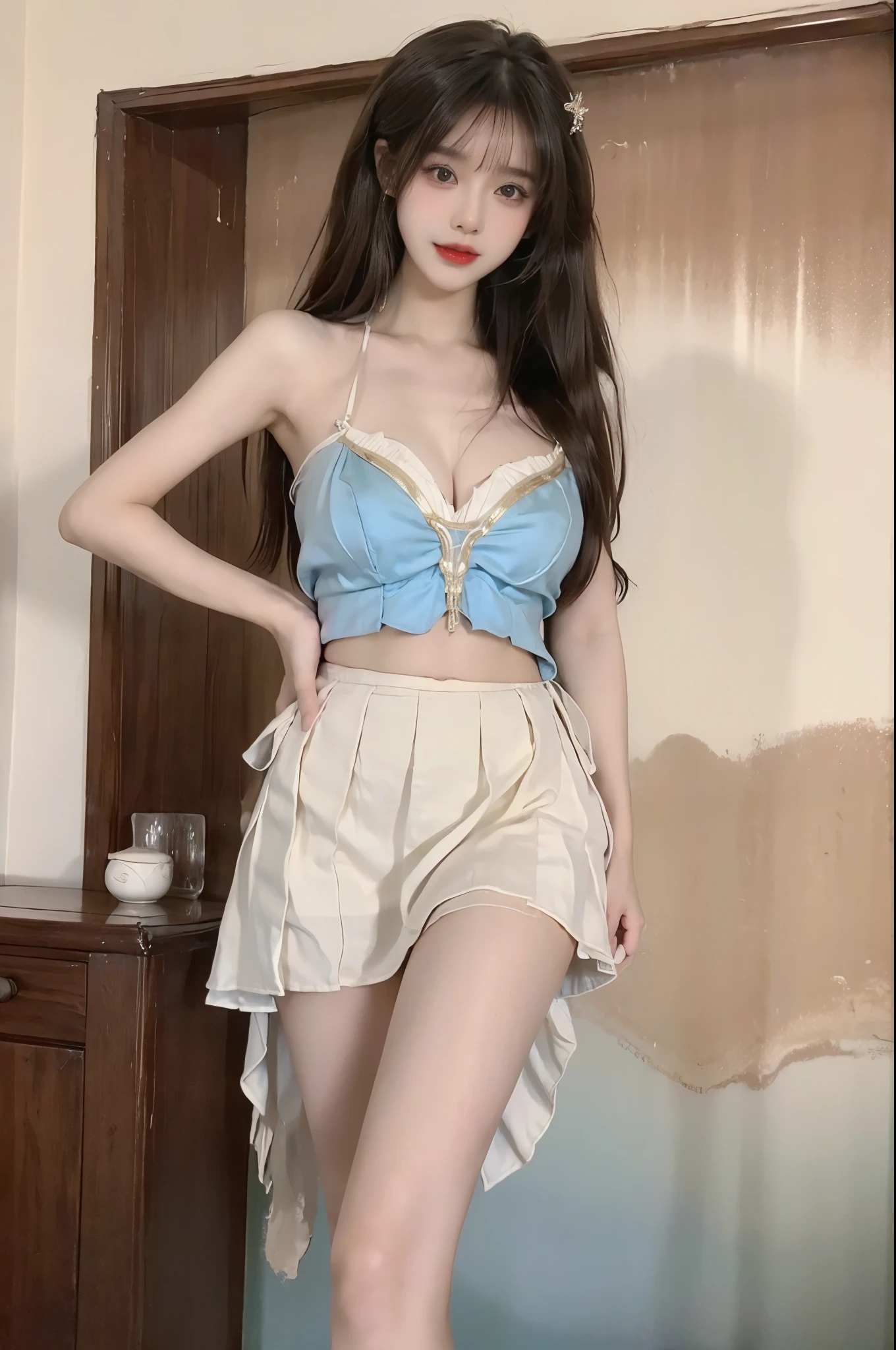 Beauty, beautiful女人，Have a perfect body：1.4，Layered Hairstyle，((Big breasts)), ((D cup)), Visible cleavage，Bare shoulders, Highly detailed face and skin texture，Double eyelids，Skin Whitening，Long hair，Whitening long legs，Standing by the sea, Fashion girl, Red lips, Sweet maiden, beautiful妆容, detail, lifelike, Very detailed, amazing, beautiful, Young and energetic, high quality，High Definition, rich and colorful，Exquisite, Smooth skin, The skirt is short, Lift the skirt with your hands, Elegant and charming posture, Official Art, Extremely detailed, Movie atmosphere, Soft colors, Natural skin texture,