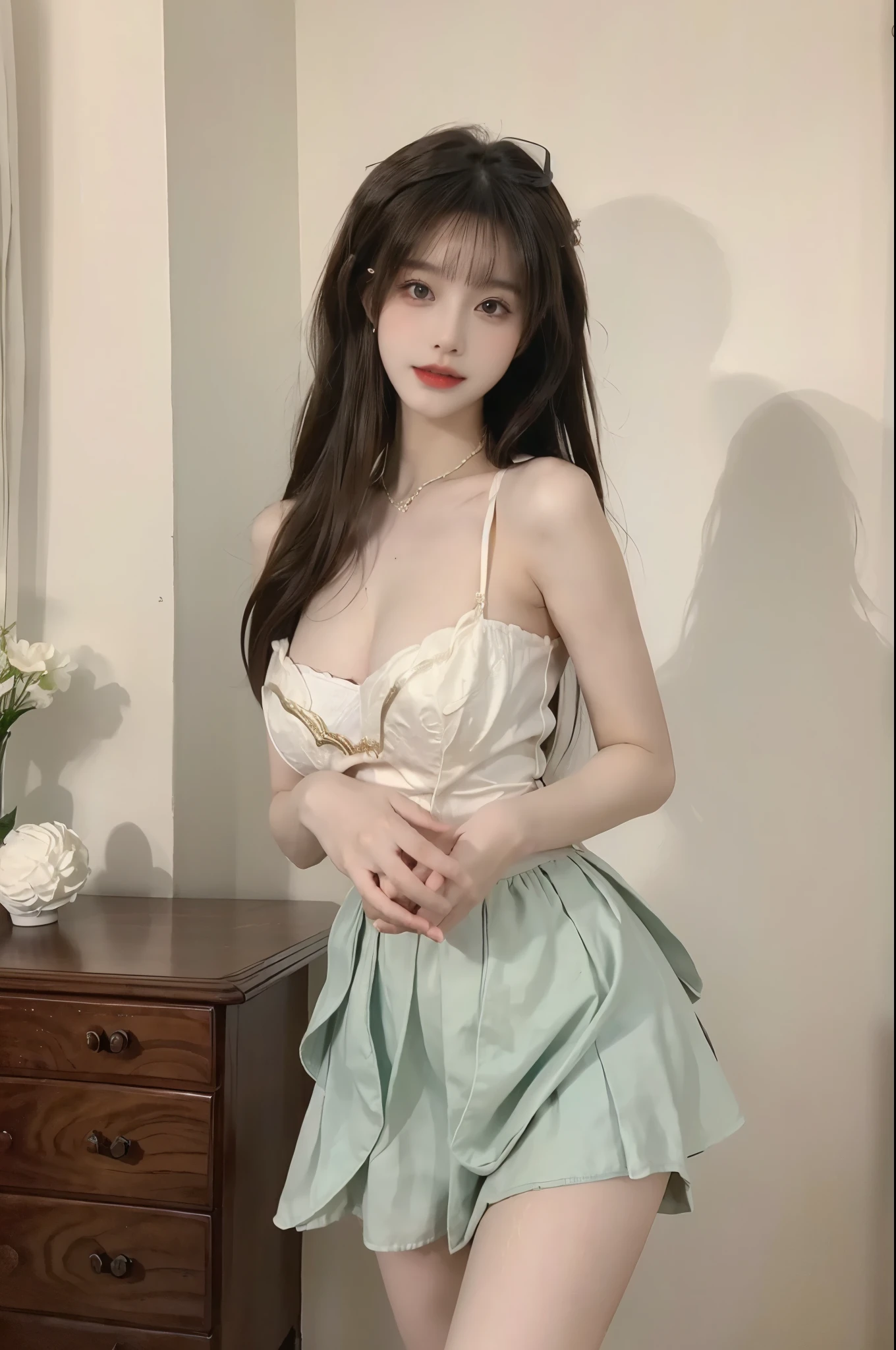 Beauty, beautiful女人，Have a perfect body：1.4，Layered Hairstyle，((Big breasts)), ((D cup)), Visible cleavage，Bare shoulders, Highly detailed face and skin texture，Double eyelids，Skin Whitening，Long hair，Whitening long legs，Standing by the sea, Fashion girl, Red lips, Sweet maiden, beautiful妆容, detail, lifelike, Very detailed, amazing, beautiful, Young and energetic, high quality，High Definition, rich and colorful，Exquisite, Smooth skin, The skirt is short, Lift the skirt with your hands, Elegant and charming posture, Official Art, Extremely detailed, Movie atmosphere, Soft colors, Natural skin texture,