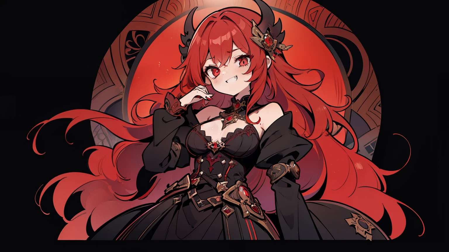 masterpiece, beautiful detailed, { wearing gothic fashion}, dark theme color,  red Eyes, red hair, wavy hair, 1girl, devilish laugh, medium breasts, hair ornament, hair intakes, {{{{{Alphonse Mucha}}}}},{{{bold outline}}}, limited palette
