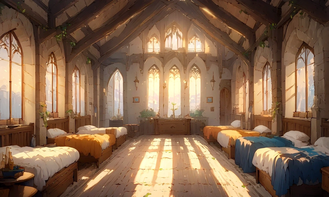 ((((masterpiece, Highest quality, High resolution)))), High detail, manga，anime，Illustration Style，Use of bright colors，The color scheme is reminiscent of daytime scenes from Ghibli Studios.., The fantasy world of medieval Europe,Bedroom in a house in the city, Sophisticated interior,There are four beds in a row,Sunlight is shining through the window、Large space，No humans， RPG-like scenery, Wine and delicious food on the bedside table., The sky is bright blue、Fluffy white clouds floating, And the sun is shining brightly, Creates a magical and comfortable atmosphere, Bright daytime atmosphere.