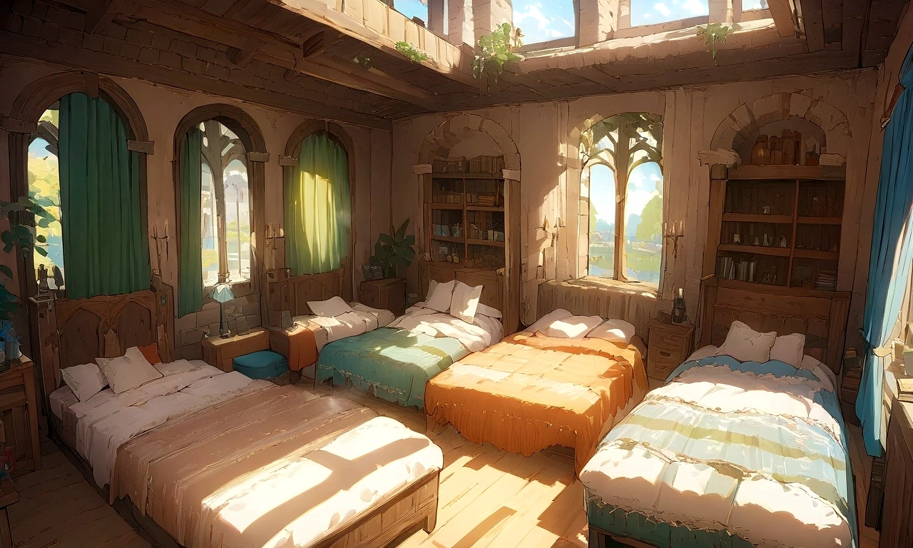 ((((masterpiece, Highest quality, High resolution)))), High detail, manga,anime,Illustration Style,Use of bright colors,The color scheme is reminiscent of daytime scenes from Ghibli Studios.., The fantasy world of medieval Europe,Bedroom in a house in the city, Sophisticated interior,There are four beds in a row,Sunlight is shining through the window、Large space,No humans, RPG-like scenery, Wine and delicious food on the bedside table., The sky is bright blue、Fluffy white clouds floating, And the sun is shining brightly, Creates a magical and comfortable atmosphere, Bright daytime atmosphere.