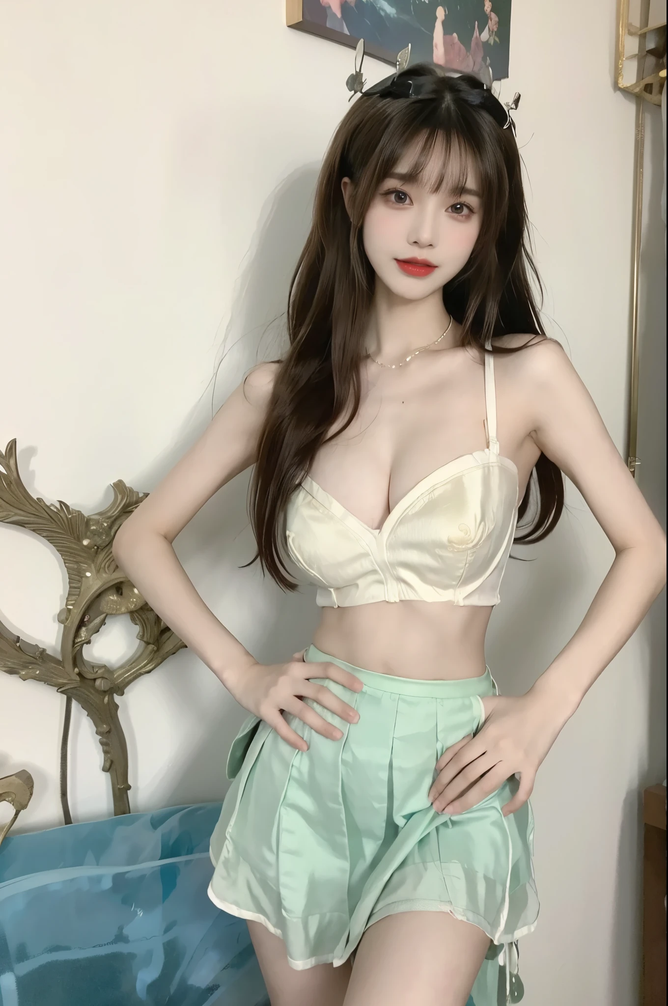 Beauty, beautiful女人,Have a perfect body:1.4,Layered Hairstyle,((Big breasts)), ((D cup)), Visible cleavage,Bare shoulders, Highly detailed face and skin texture,Double eyelids,Skin Whitening,Long hair,Whitening long legs,Standing by the sea, Fashion girl, Red lips, Sweet maiden, beautiful妆容, detail, lifelike, Very detailed, amazing, beautiful, Young and energetic, high quality,High Definition, rich and colorful,Exquisite, Smooth skin, The skirt is short, Lift the skirt with your hands, Elegant and charming posture, Official Art, Extremely detailed, Movie atmosphere, Soft colors, Natural skin texture,